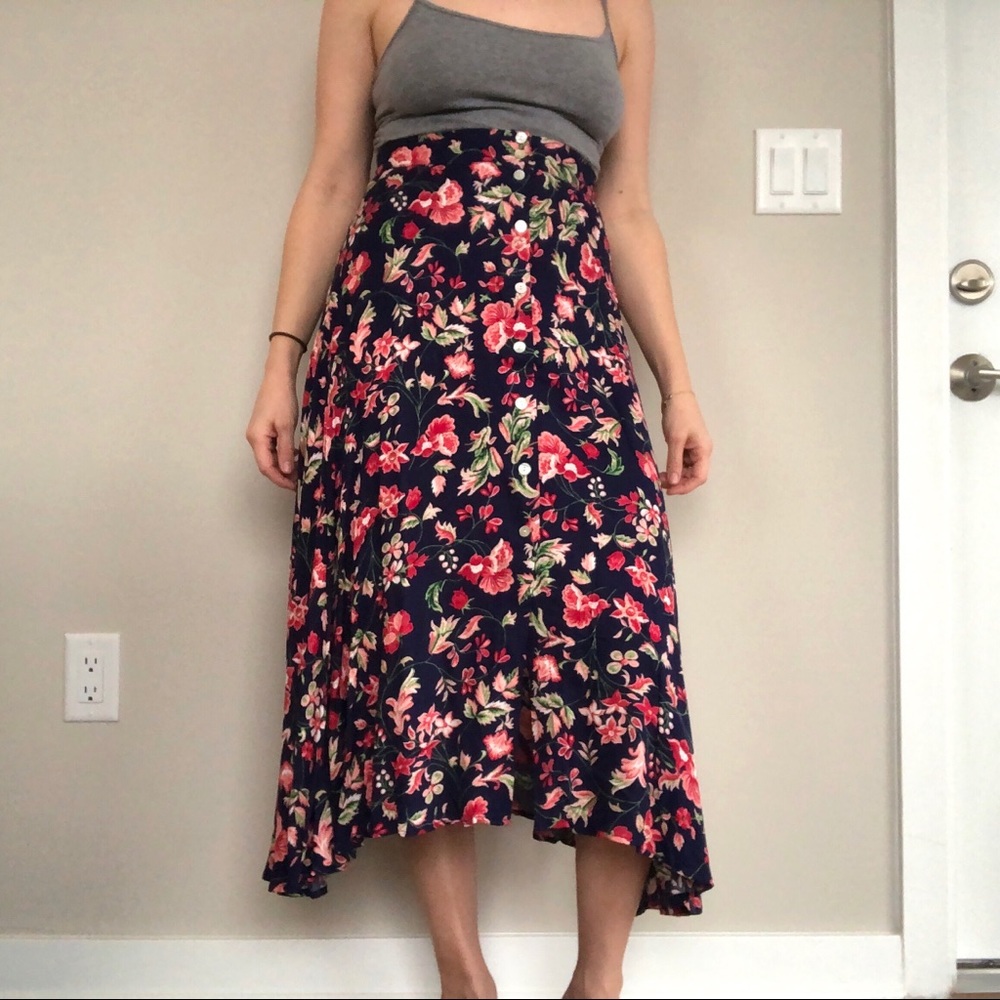 Floral High Waisted Maxi Skirt with Buttons